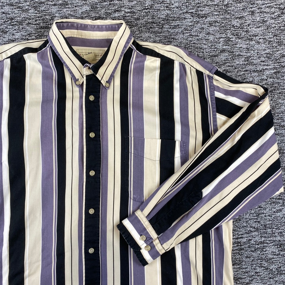 Vintage Natural Issue Mens XLT Purple Black Cream Stripe Cotton Button Down